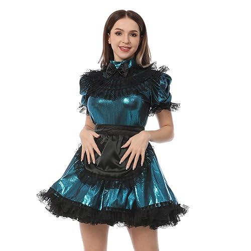 JOLINE Shiny Metallic Satin Bow Maidservant Sissy French Maid Dress Costume  Crossdress Nightwear (X-Large) Green in Saudi Arabia | Whizz Costumes
