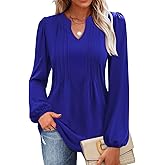 MIHOLL Women's V Neck Puff Long Sleeve T Shirts Pleated Casual Loose Tunic Blouse
