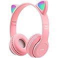 Kids Headphones, Cat Ear LED Light Up Bluetooth 5.0 Foldable Wireless Gaming Headset for Kids Adult, Comfortable Built-in Mic Noise Cancelling Over Ear Headphones(Pink)