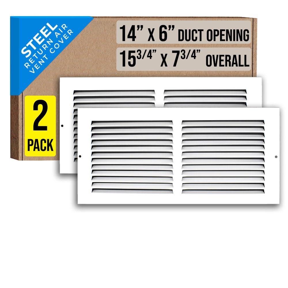 Photo 1 of [2 Pack] Fits 14x6 Duct Opening | Steel Return Air Grille by Handua | Vent Cover Grill for Sidewall and Ceiling | White | HVAC Cold Air Intake Grille | Outer Dimensions: 15.75"W X 7.75"