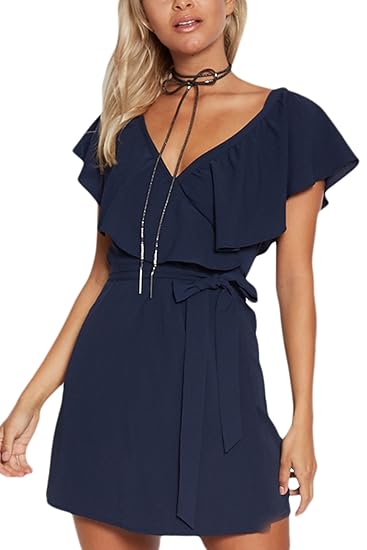 YOINS Kleid Damen Sommer Kurz V-Ausschnitt Schulterfrei Kleider Elegant Strandkleider Minikleid Partykleider