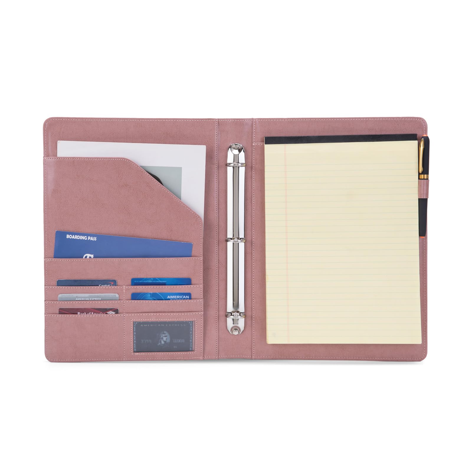 Photo 1 of Geslun Vegan Leather 3 Ring Binder, 8.5 x 11 Letter Size Folio with Pen Holder, Soft Notebook Portfolio Cover, Slim Notepad Padfolio Thin File Organizer for Work Executive Meeting, Pink