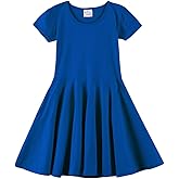 Noomelfish Girls Short Puff Sleeve Dress Summer Casual Knit Swing Twirl Skater Dresses with Pockets (2-12 Years)