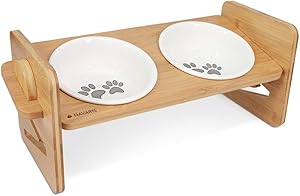 Navaris Adjustable Dog Bowl Station - Raised Bamboo Stand with Twin Ceramic Bowls for Feeding Small, Medium Dogs, Cats, Pets - Elevated Food Stand