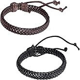 Flongo 2PCS Men's Womens Braided Black & Brown Leather Rope Woven Wrap Surfer Cuff Bracelets Set, Fit 7.6-10.6 inch Wrist
