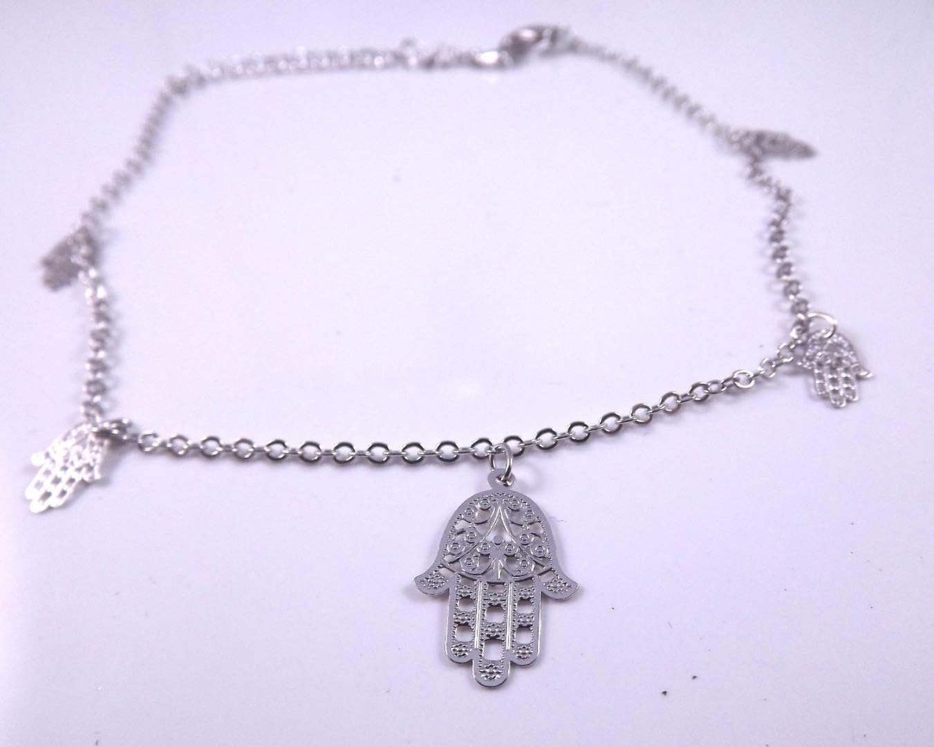 Round Designs Hamsa Bracelet/Anklet With Evil Eye Protection Silver Charms