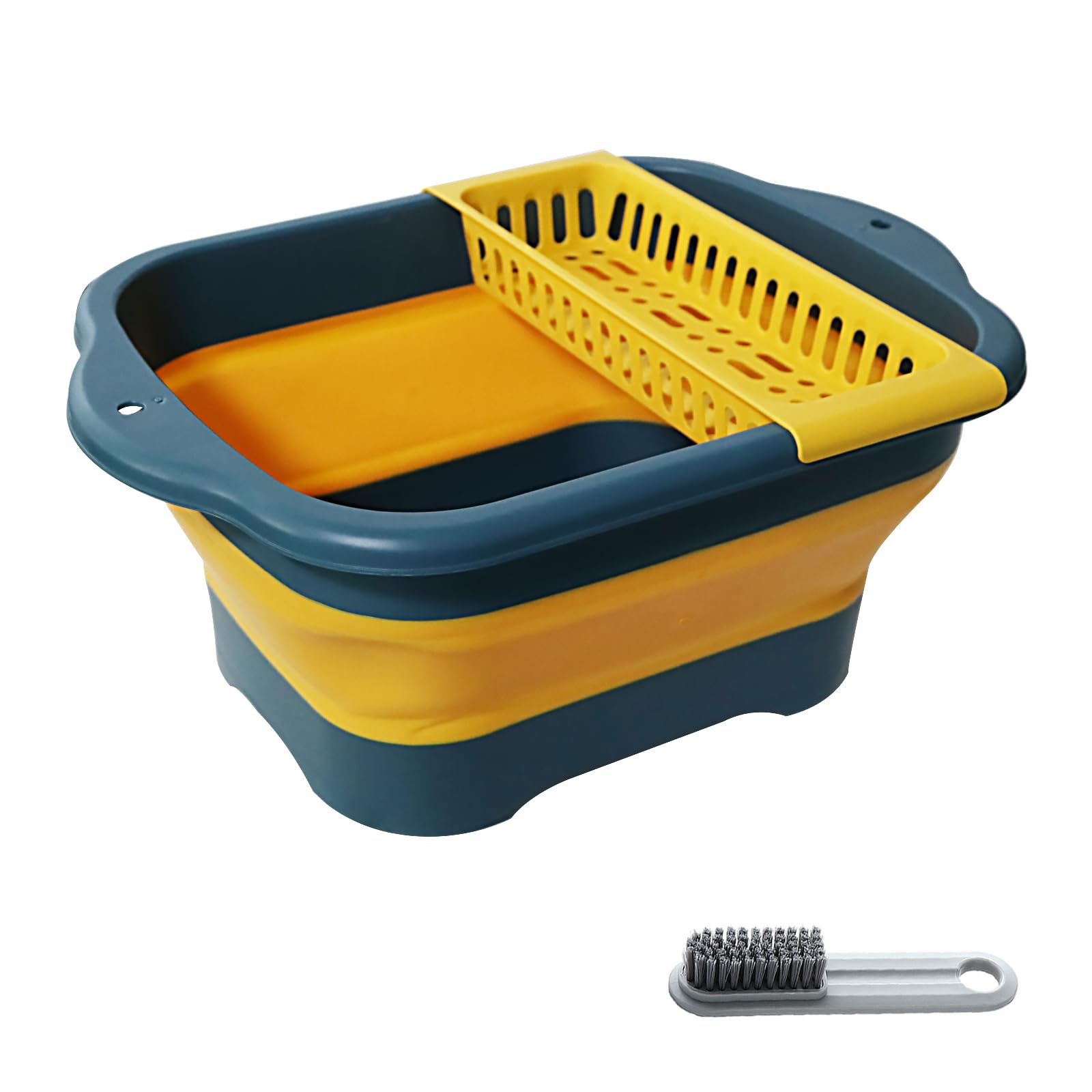 Photo 1 of 2.77 Gallon (10.5L) Collapsible Dish Basin with Drain Plug, Yellow Camping Dish Basin for RV, Space-Saving Foldable Wash Tub, BPA-Free Portable Sink for Vegetables and Dishes- with Brush