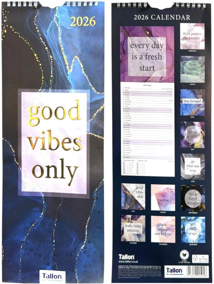 PSO 2026 Super Slim Month to View Spiral Bound Hanging Wall Calendar Home Office (Good Vibes)