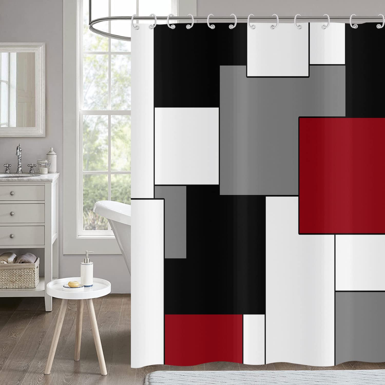 Hnmdmyi Red Shower Curtain 180x180, Grey Black and White Shower Curtains Modern Geometric Decorative Bathroom Curtains with Hooks Waterproof Polyester Fabric Washable Bath Curtains for Wet Room