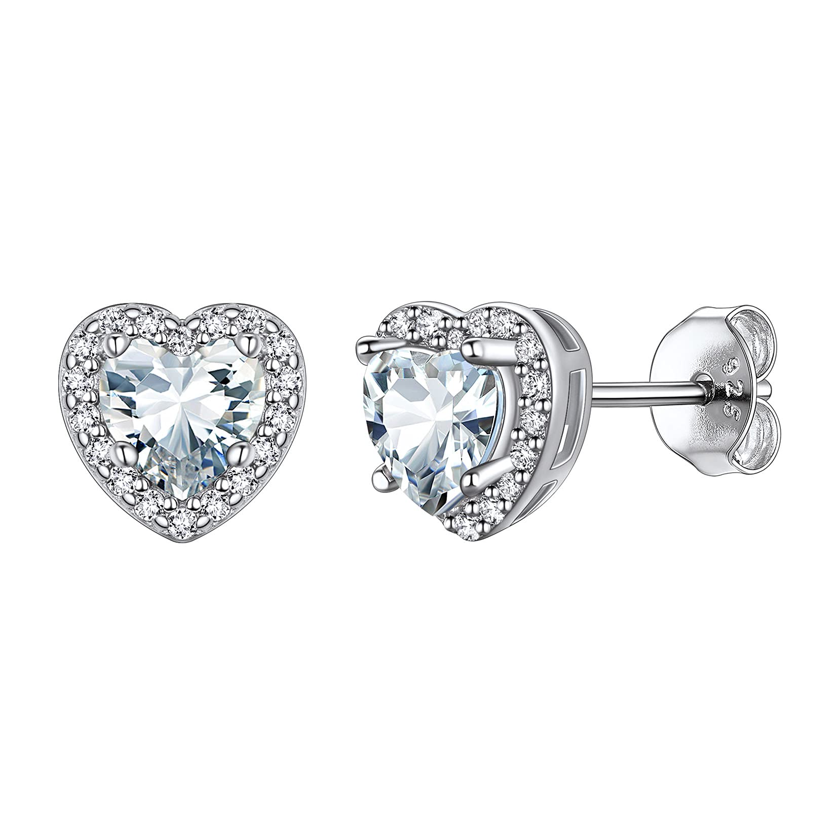 925 Sterling Silver Heart Brilliant Cut Cubic Zirconia CZ Halo Stud Earrings for Women Girls Tiny Cute Comfy Created Diamond April Birthstone Hypoallergenic Wedding Bridesmaid Earrings
