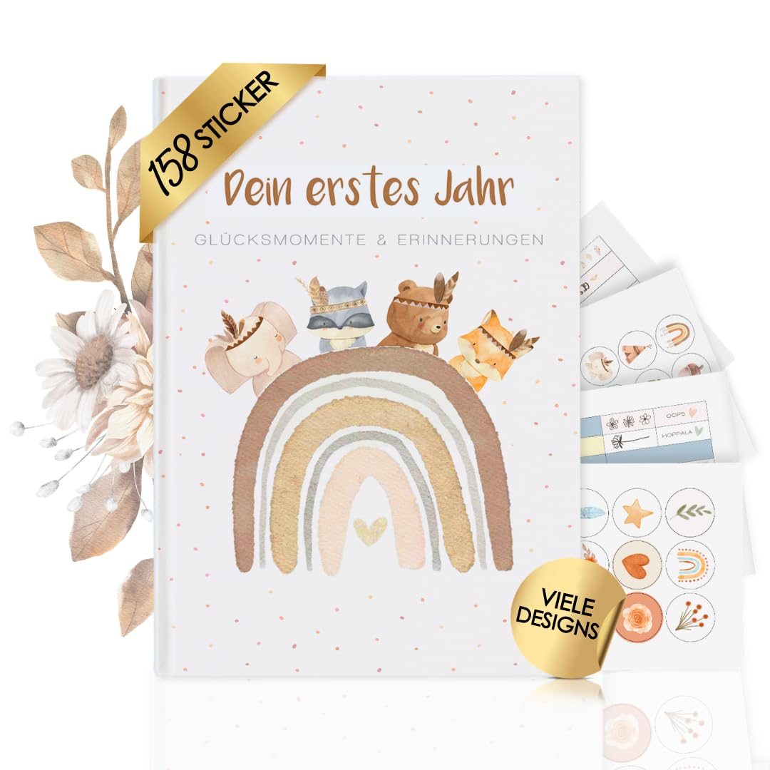 Cozy Racoon Baby album "Mein erstes LebensJahr" with 158 stickers. Baby album to design and fill in for the most beautiful moments. Gift for birth for boys and girls, Boho animals