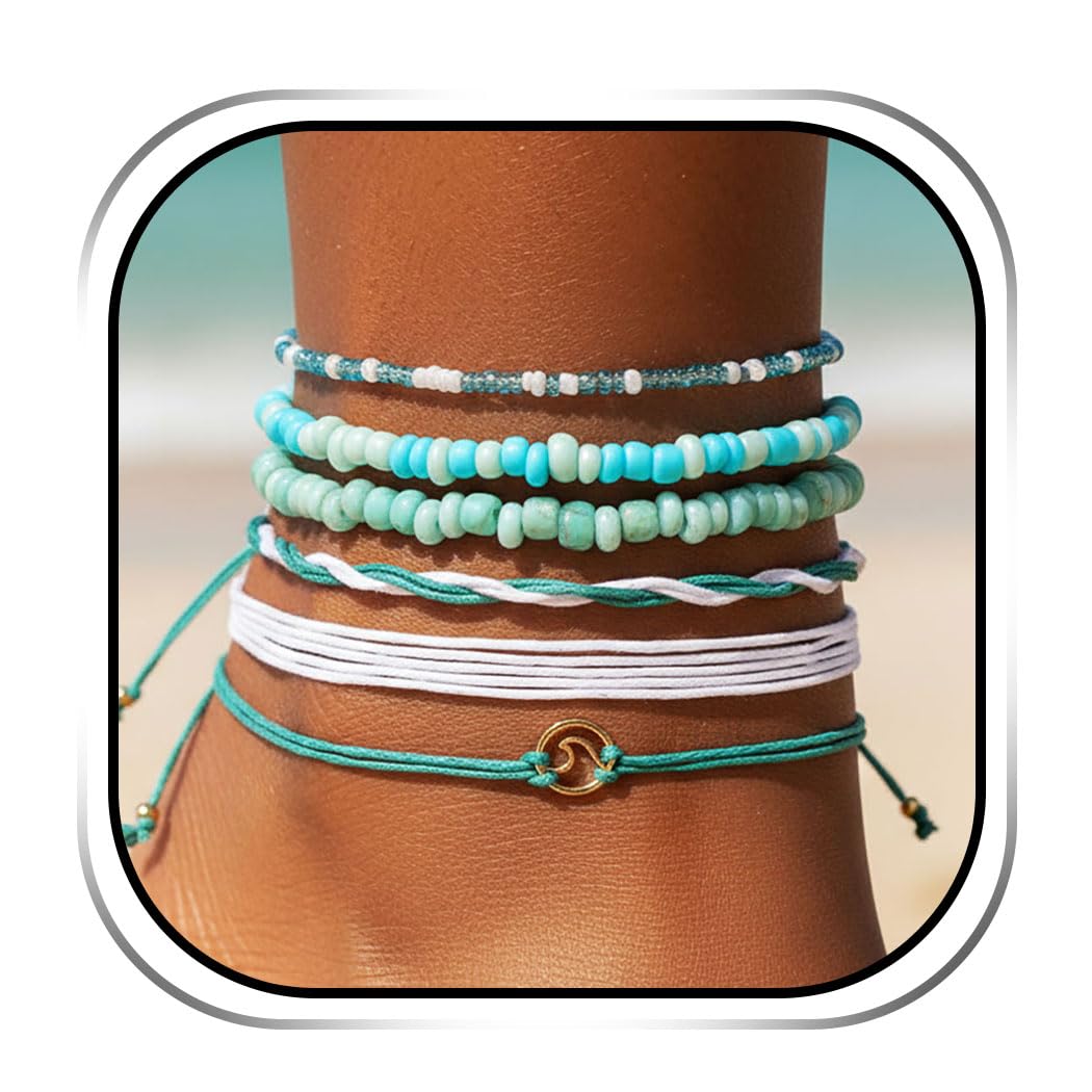 Handcess Boho Layered Anklet Weave Turquoise Ankle Bracelets Wave Beads Foot Jewelry for Women and Girls (5 Pcs)