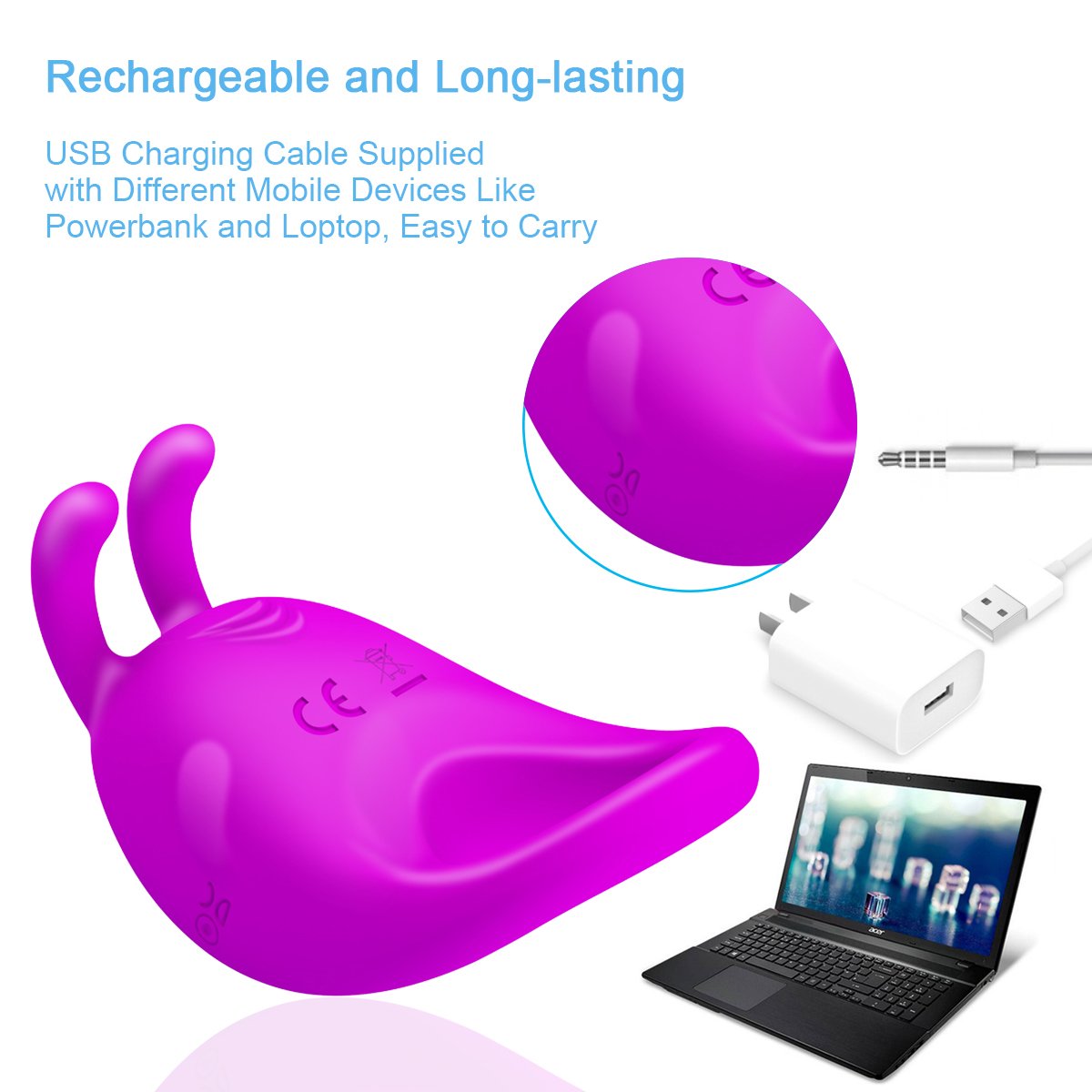 Silicone Vibrating Ring Rabbit Vibrator Cordless Rechargeable Wand Massager (Purple)