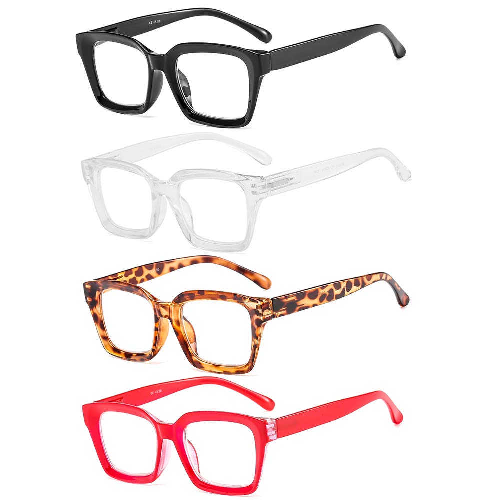 Suertree Reading Glasses, 4 Pack Computer Glasses Fashion Comfortable Glasses for Reading Multicolor Large Glasses Frames Spring Hinge Reader Aided Eyeglasses for Men Women BM541