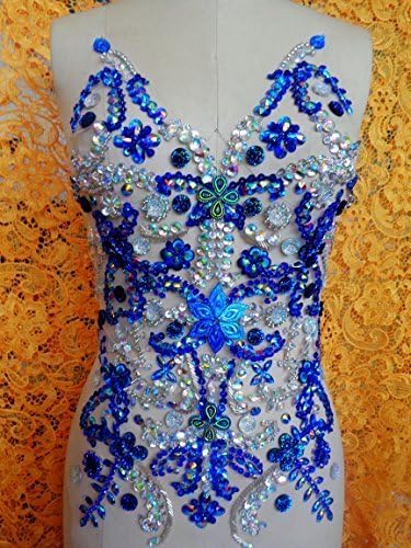 Pure Hand Made Deep Blue/clear AB Colour Sew on Rhinestones Applique Crystals Patches 42x32cm DIY Dress Accessory