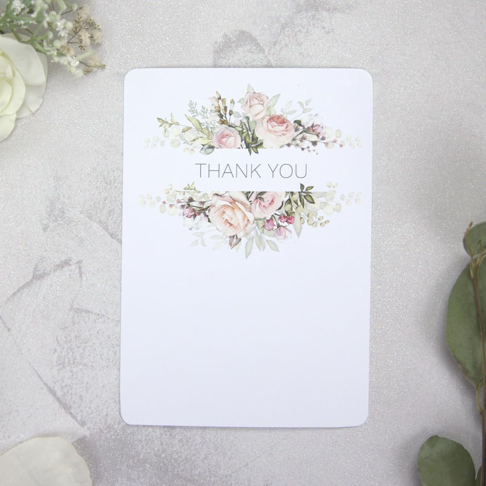 Pink Roses & Greenery - Premium Wedding Thank You Cards - Pack of 10. Wedding Thank You Gifts, Thank You Card with Envelopes. Thank You Notes (18 0011)