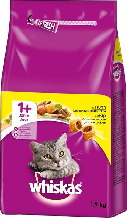 Whiskas Katzenfutter Trockenfutter Adult 1+ mit Huhn, 2 Beutel (2 x 1,9kg)
