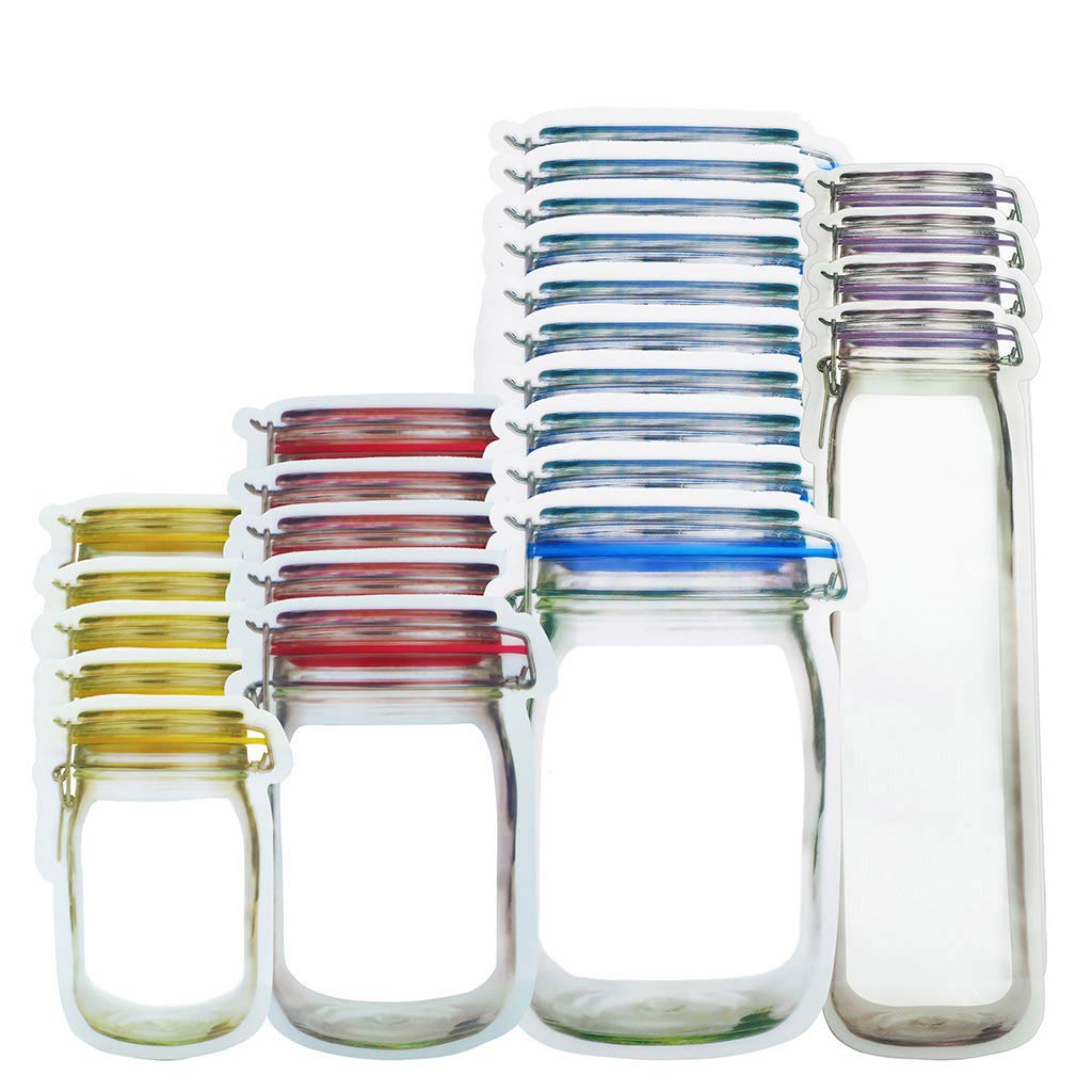 Mason Jar Zipper Bags, 24pcs Mason Jar Bottles Bags, Mason Jar Bags, Reusable Food Saver Storage Bags, Fresh Bags, Leakproof Snacks Zipper Sealed Storage Bags for Travel Camping and Kids