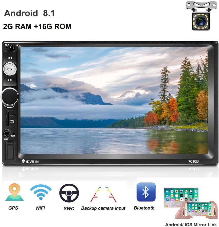 Car Stereo Double Din Android 8.1 Car Radio Bluetooth 2G 16G in Dash GPS Navigation Head Unit 7” HD Touch Screen WiFi FM Radio Receiver AUX-in USB TF Card Mirror Link +12 Led Rear View Camera