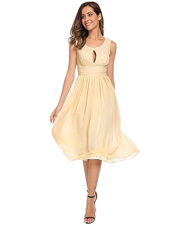 Meaneor Damen Chiffon Rückenfrei A-Linie Brautjungfer Kleid Elegant Ärmellos Wadenlang Ballkleid Partykleid Cocktailkleid
