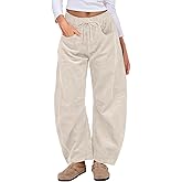HOTIAN Womens Corduroy Pants Barrel Mid Rise Elastic Waist Loose Comfy Casual Baggy Trouser with Pockets