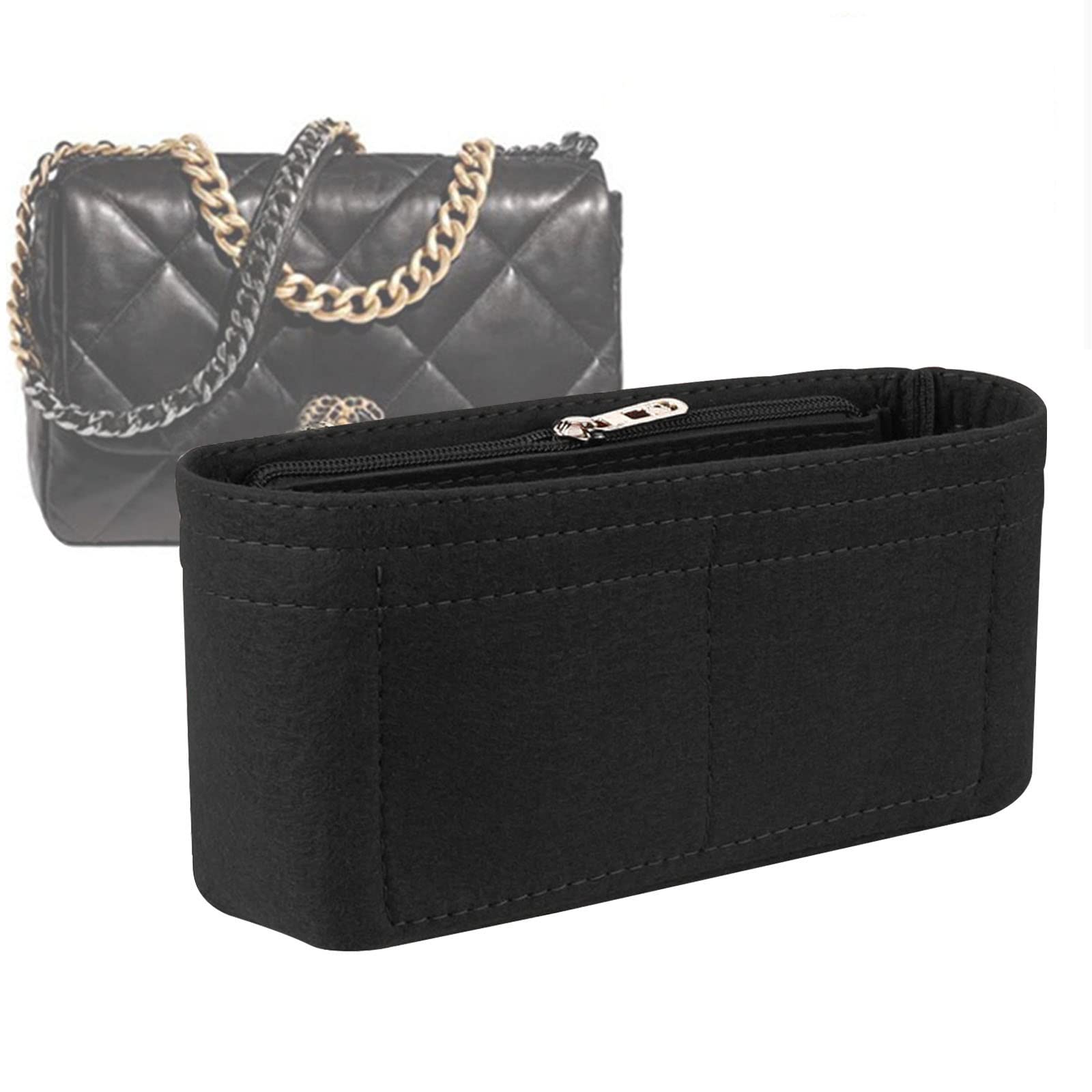 Lckaey Purse Organizer Insert for Chanel 19 Small bag with Side Zipper Pocket Handbag Chanel Maxi Flip bag Organizer Y002black-S