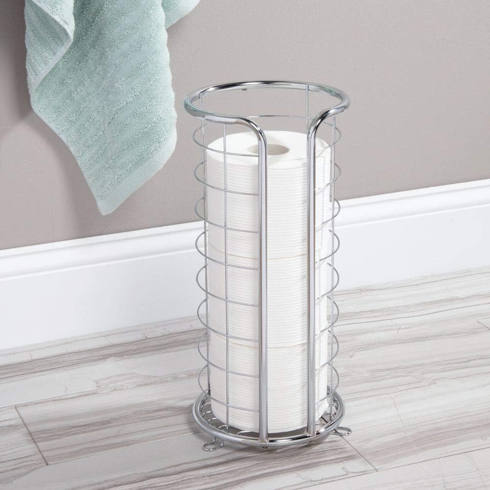 mDesign Decorative Metal Free Standing Toilet Paper Holder Stand with Storage for 3 Rolls of Toilet Tissue - for Bathroom/Powder Room - Holds Jumbo Rolls - Chrome: Home & Kitchen