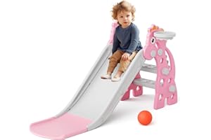 GLAF Toddler Slide Indoor for Toddlers 1-3 Baby Slide Outdoor Playset with Basketball Hoop and Ball Plastic Foldable Slides for Kids Backyard Climber Set (Pink)