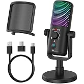 JOUNIVO Gaming USB Microphone for PC with Pop Filter Volume Control Headphone Jack RGB Light Mute Button Plug and Play for PS4 PS5 Mac Streaming Podcast