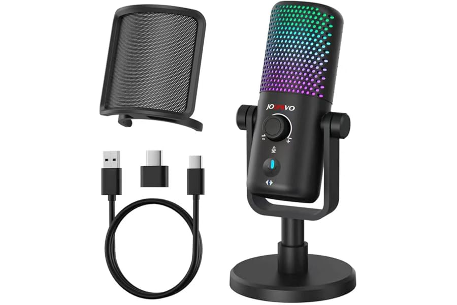 JOUNIVO Gaming USB Microphone for PC with Pop Filter Volume Control Headphone Jack RGB Light Mute Button Plug and Play for PS4 PS5 Mac Streaming Podcast