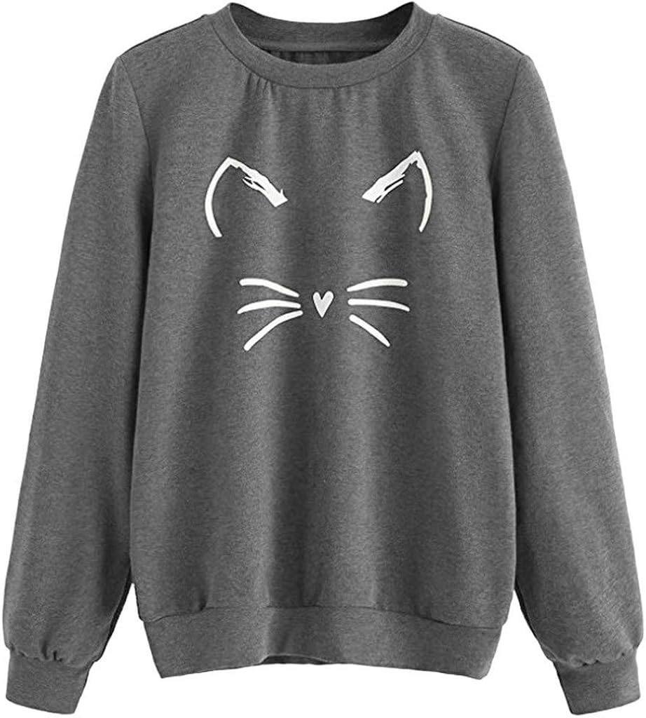 EUCoo Women's Cat Print Cute Sweatshirt Long Sleeve Loose Pullover Top