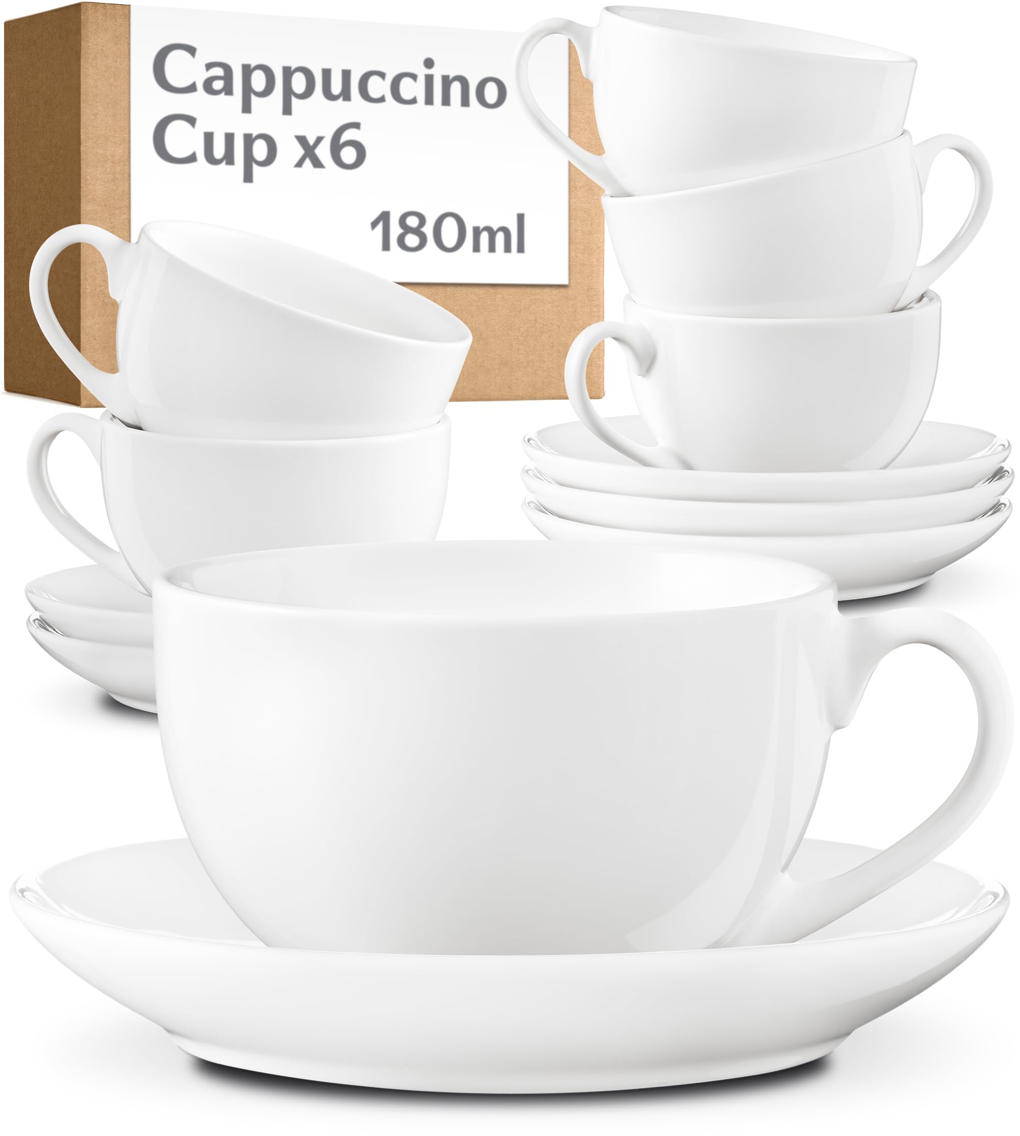 Cosumy 6 Cappuccino Cups & Saucers White – Tea Cups Set of 6 – Coffee Cups Ceramic Set – Cup and Saucer Set – Coffee Cup Set for Home, Office & Café – Tea Cups and Saucers – Flat White Cups –180ml