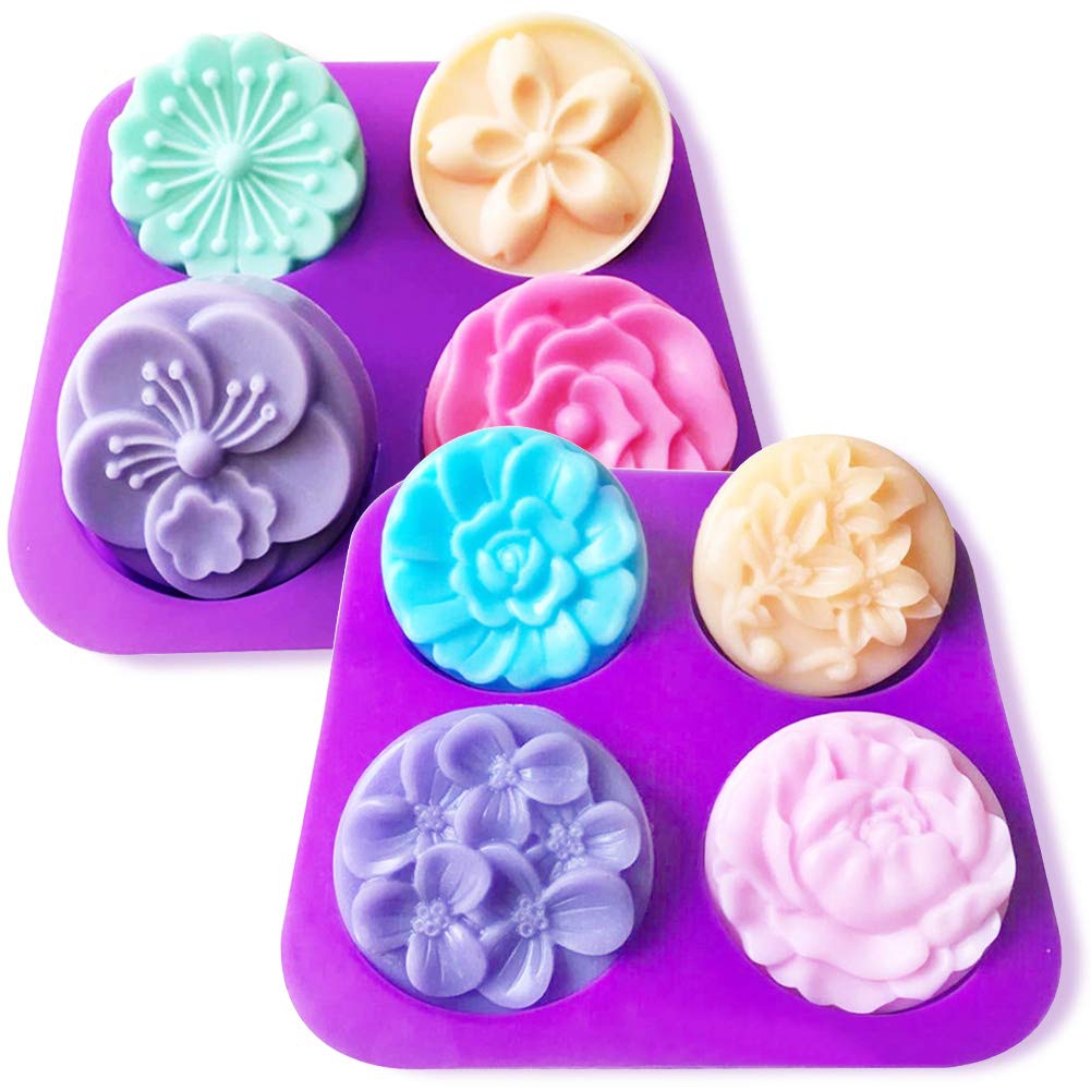 Silicone Soap Molds, 2Pcs Flower Homemade DIY Silicone Soap Mold Cupcake Baking Mold Muffin Pan, 4 Cavity Soap Making Mold Supplies