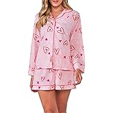 Women Christmas Pajamas Shorts Set Santa Claus Pjs Long Sleeve Button Down Shirt+Pants 2 Piece Xmas Jammies Loungewear