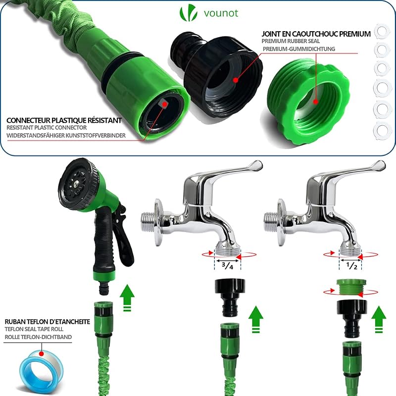 ® Tubo Irrigazione Estensibile 15m, Tubo Flessibile da Giardino con Pistola a Spruzzo d'Acqua 10 Funzioni, Connettore 1/2" e 3/4" e Gancio e Organizer Inclusi, Verde