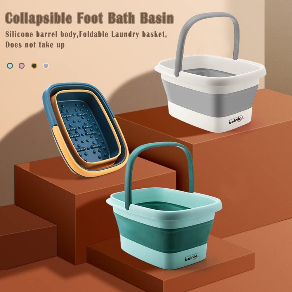 Collapsible Foot Bath Basin for Soaking Feet,Foot Soak Tub,Plastic Foot Bucket with Handles and Massage Acupoint,Foldable Laundry Basket-Gery (2 Pack)