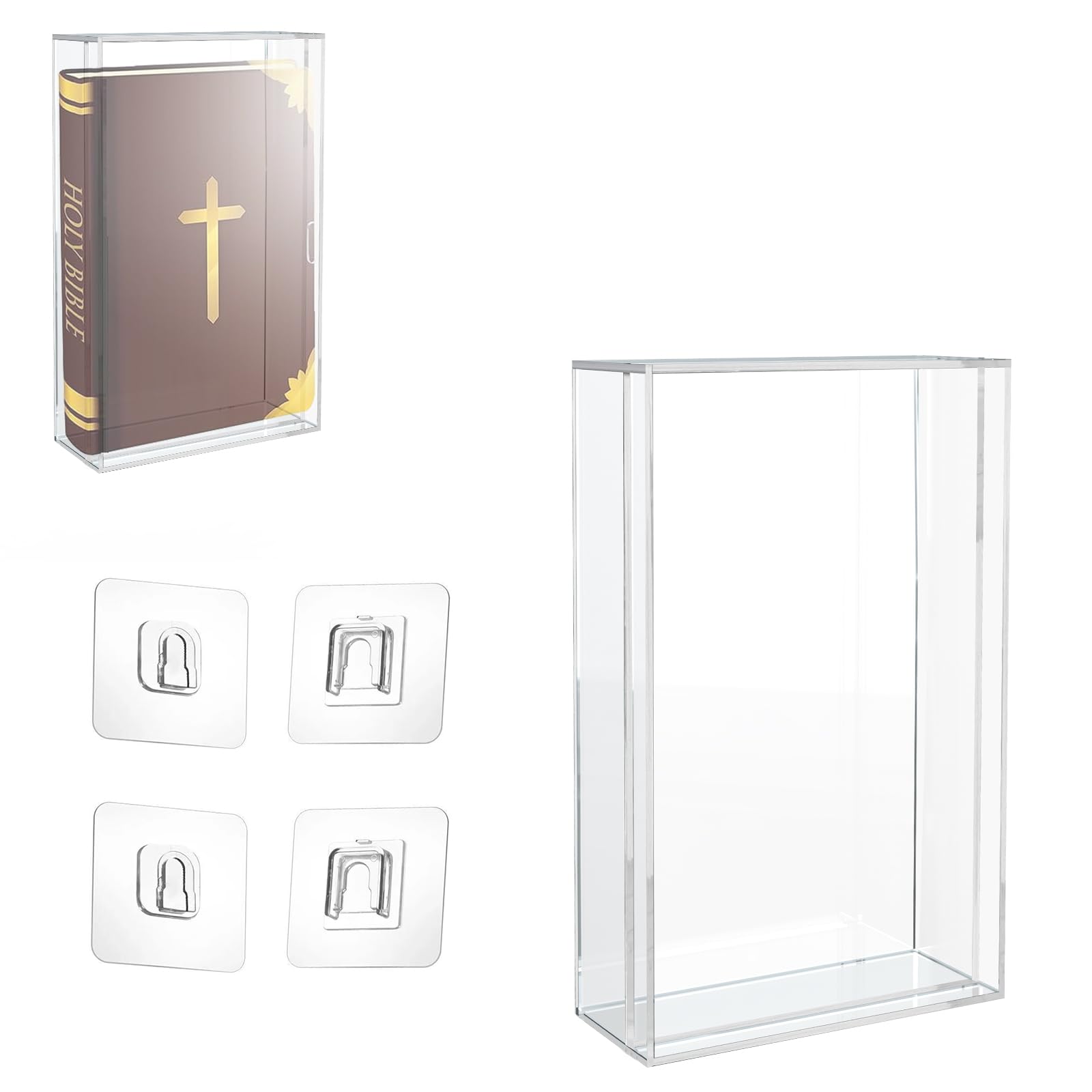 Photo 1 of Clear Acrylic Bible Display Case with Adhesive Buckle, 10.2 x 7 x 2.4 Inch Vertical Wall Mounted & Tabletop Use Book Protector for Collectors to Display and Storage Bibles, DVDs