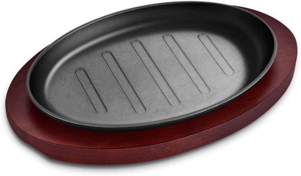Oval Cast Iron Sizzler Hot Serving Dish and Wooden Base for Restaurant Supply Home and Kitchen Cooking Accessory Ideal for Pan Grilling Meats Seafood 2 set