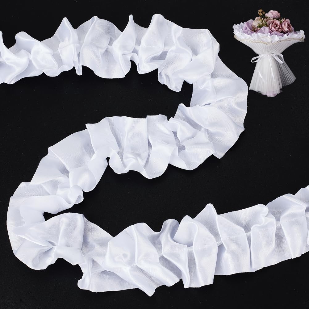 DELORIGIN 5 Yard White Flower Wrapping, Ruffle Ribbon Trim Pleated Lace Ribbon Vintage White Edging Trim Fabric Bouquet Decoration for Flower Cake Sewing Craft Wedding Dress Embellishment DIY Decor