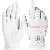Womens Golf Glove with Clover Ball Marker 1 Pack, All Weather Grip Microfiber & Leather Gloves for Ladies, Comfortable Breathable Fit for Left Hand or Right Hand in White Pink