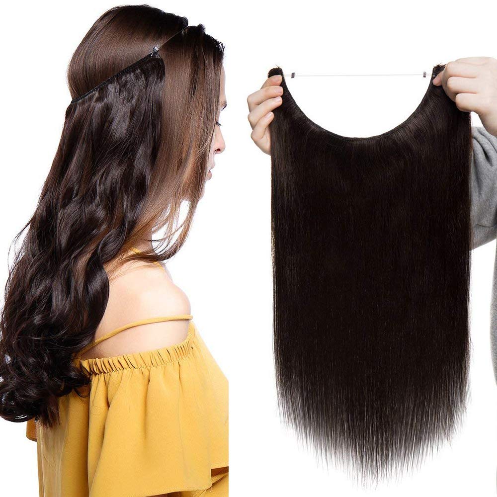 Silk-co 22inch Wire In Hair Extensions Remy Human Hair One Piece Natural Invisible Wire Hairpiece Extensions #02 Dark Brown