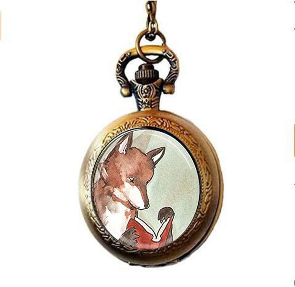 xinzhahi Fox Pocket Watch Necklace,Woodland Creature Reading Fox Books Fairy Tales