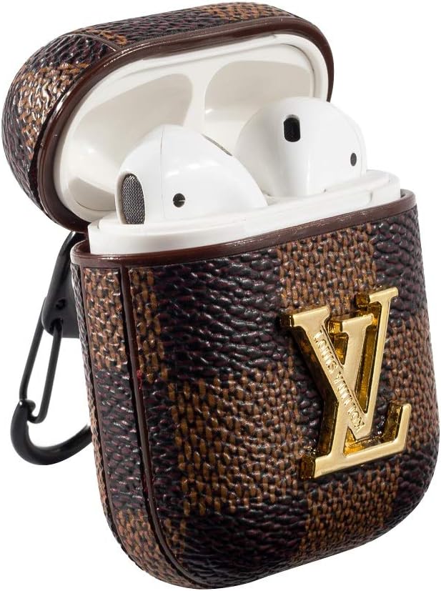 New Luxury Leather Fashion, Full Protection Shockproof Sleeve with Carabiner, Suitable for Apple AirPods Wireless Headset Set Charging Box (Bronze)