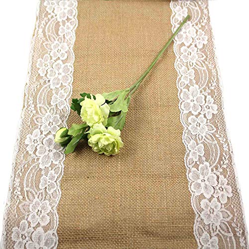 Time to Sparkle 12"x108"(275x30cm) Jute Hessian Lace Table Runners Rustic Burlap Sewed Edge Wedding Table Decor -Lace