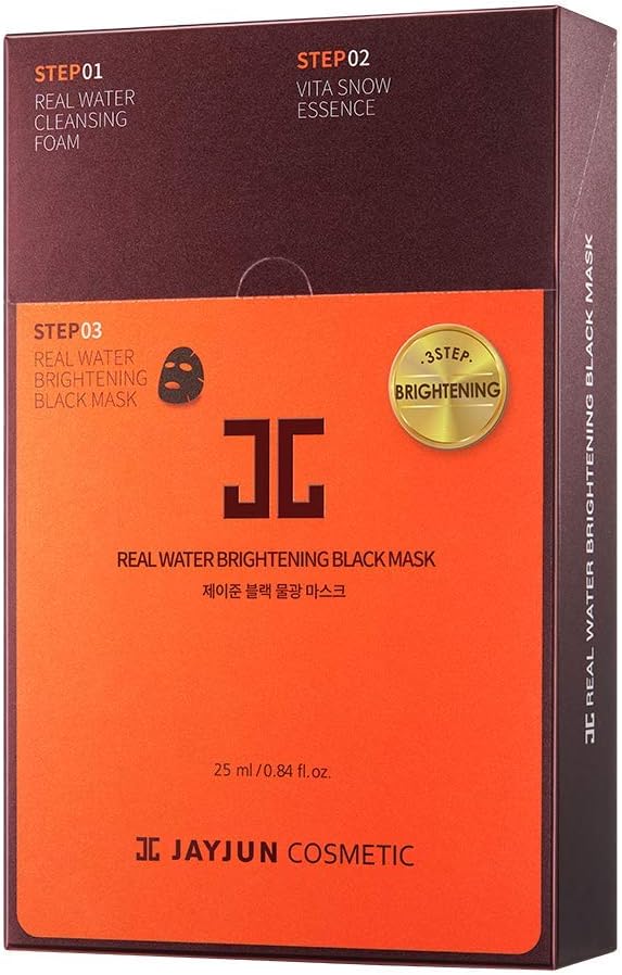 JAYJUN Real Water Brightening Black Mask, Pack of 10 Sheets, 25ml, 0.84 fl. oz, Brightening, Hydrating, Sheet Mask, 3 Step