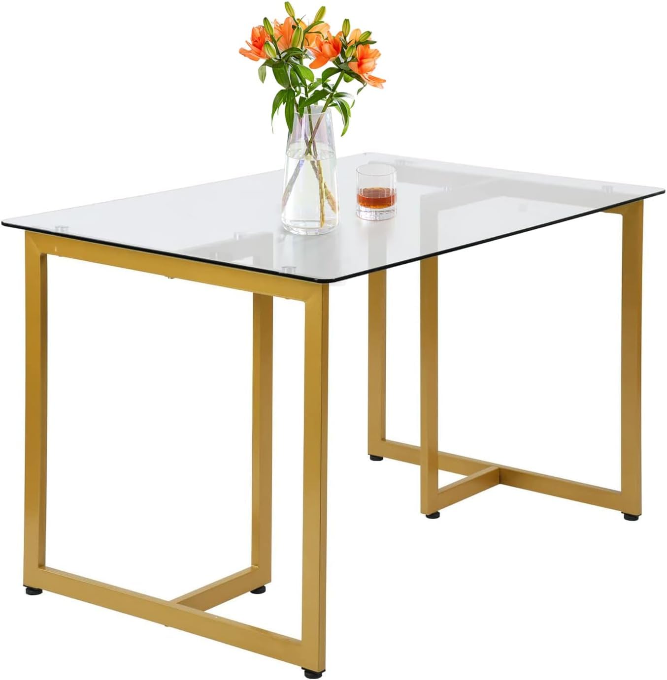 Photo 1 of ** NEW*** FurnitureR Modern Glass Dining Table, 55.1 Inch Elegant Rectangular Multipurpose Table with Sturdy Metal Frame for Dining Room Kitchen, Gold