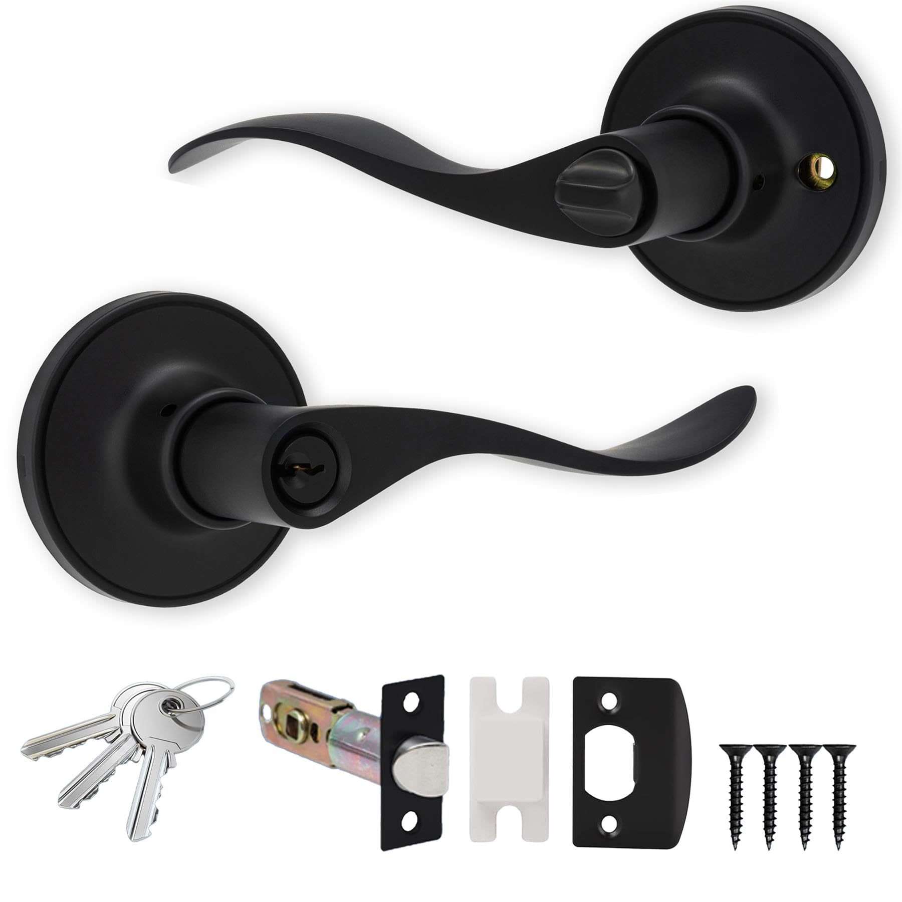 XFORT Cabriole Entrance Knob Set Matt Black, Door Knob with Lock for Internal Wooden Doors, Complete Set with Tubular Latch and 3 Keys