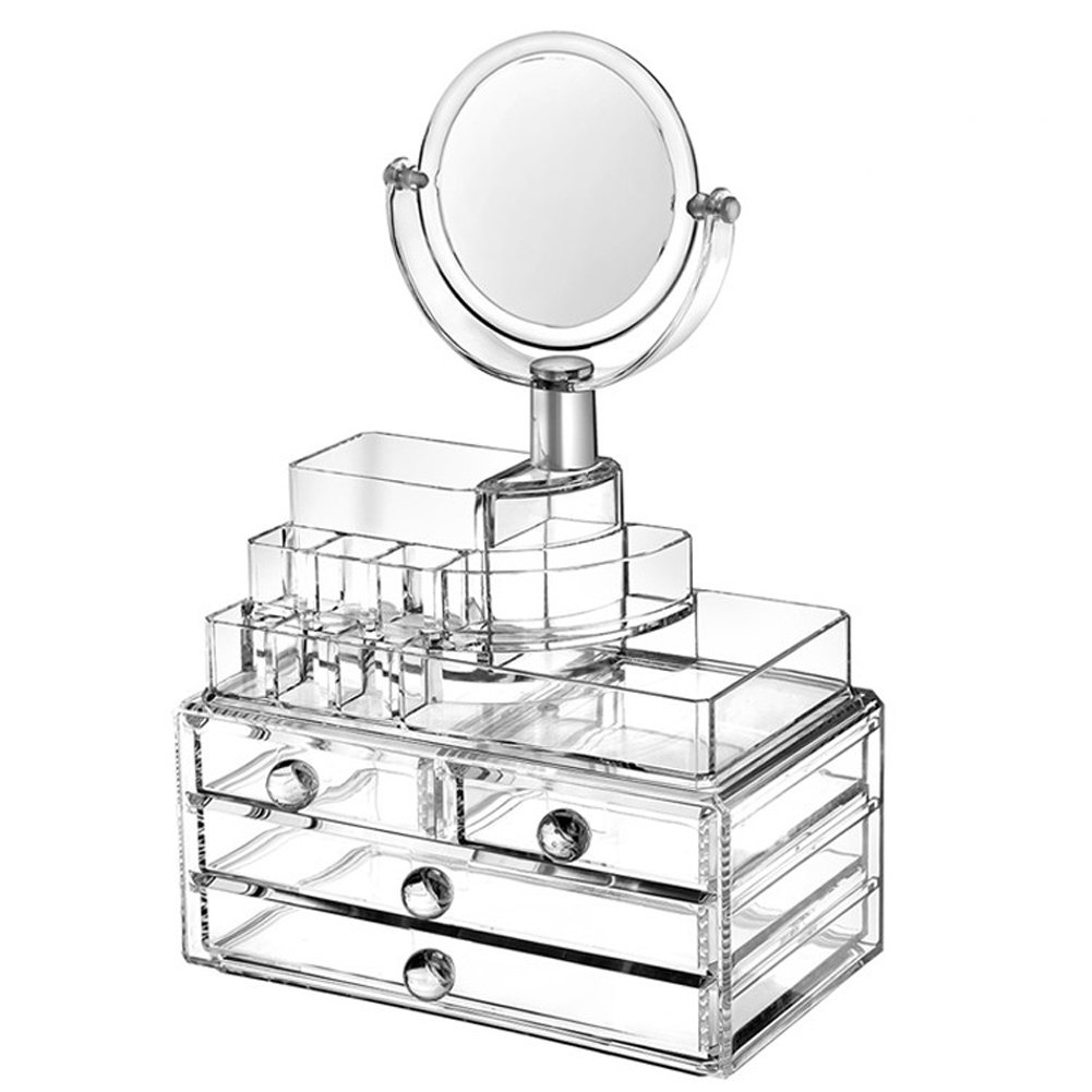 Caja transparente con espejo para organizar maquillaje y accesorios.