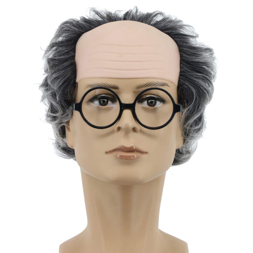 Yuehong Short Curly Gray Old Men Bald Head Wig Fluffy Receding Hairline Costumes Cosplay Wig with Heat Resistant Synthetic Fibers (Gray) โ image 1