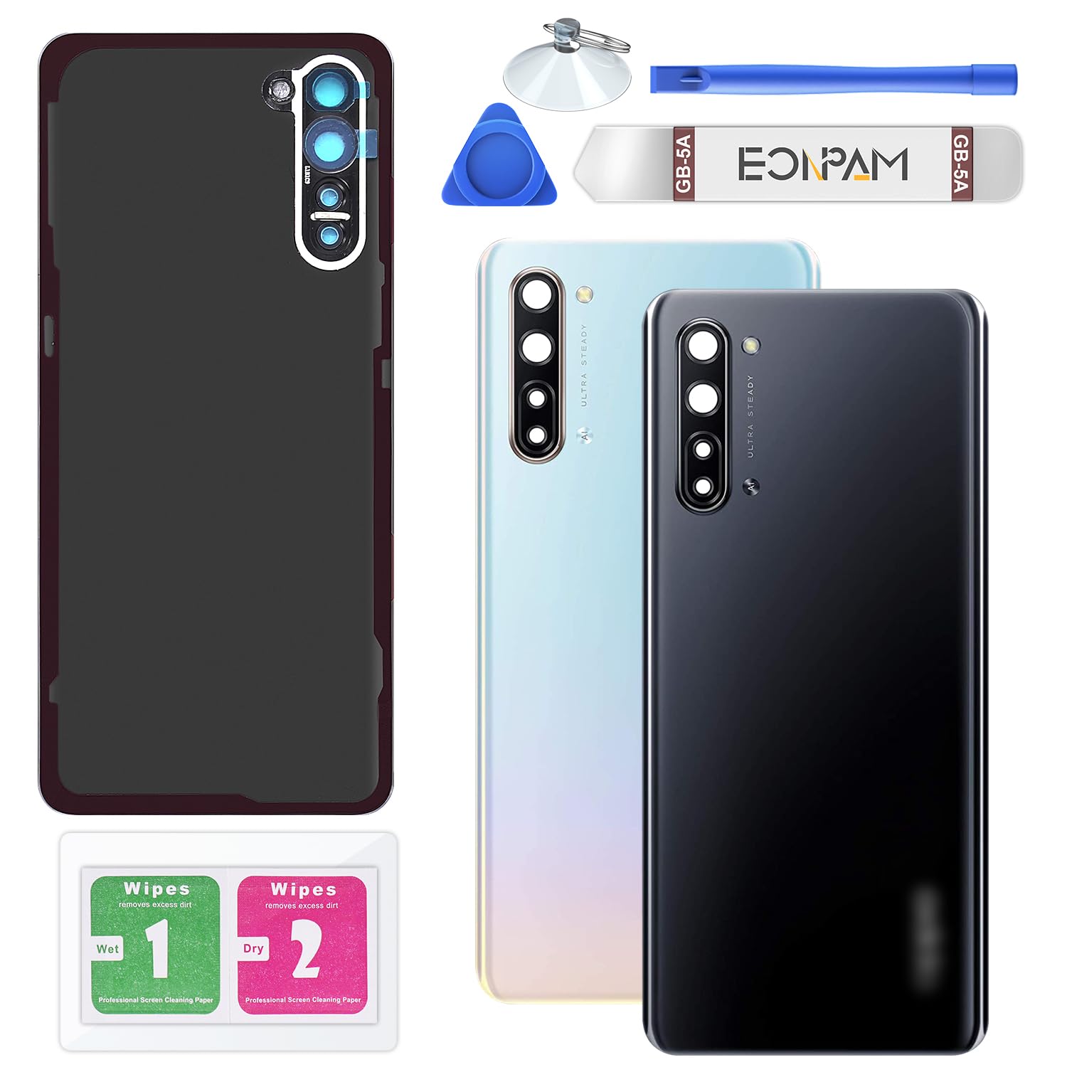 Eonpam Back Cover Glass for Oppo Find X2 Lite Rear Glass Replacement with Camera Lens + Repair Kit Genuine Rear Housing (Black)